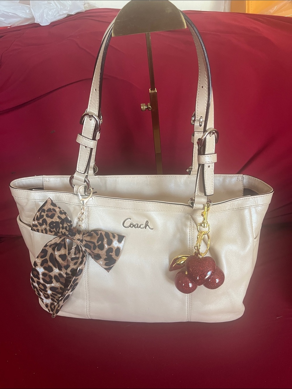 Coach Cream Leather Shoulder Bag with Cherry Charm